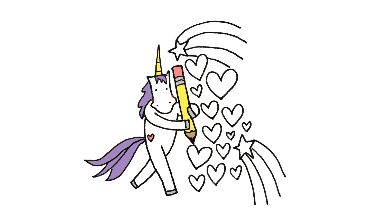 illustration of unicorn drawing hearts