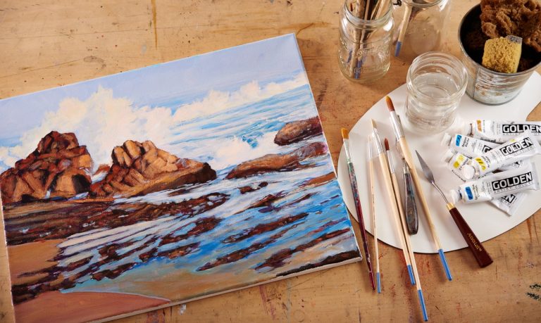 painted canvas seascape and palette