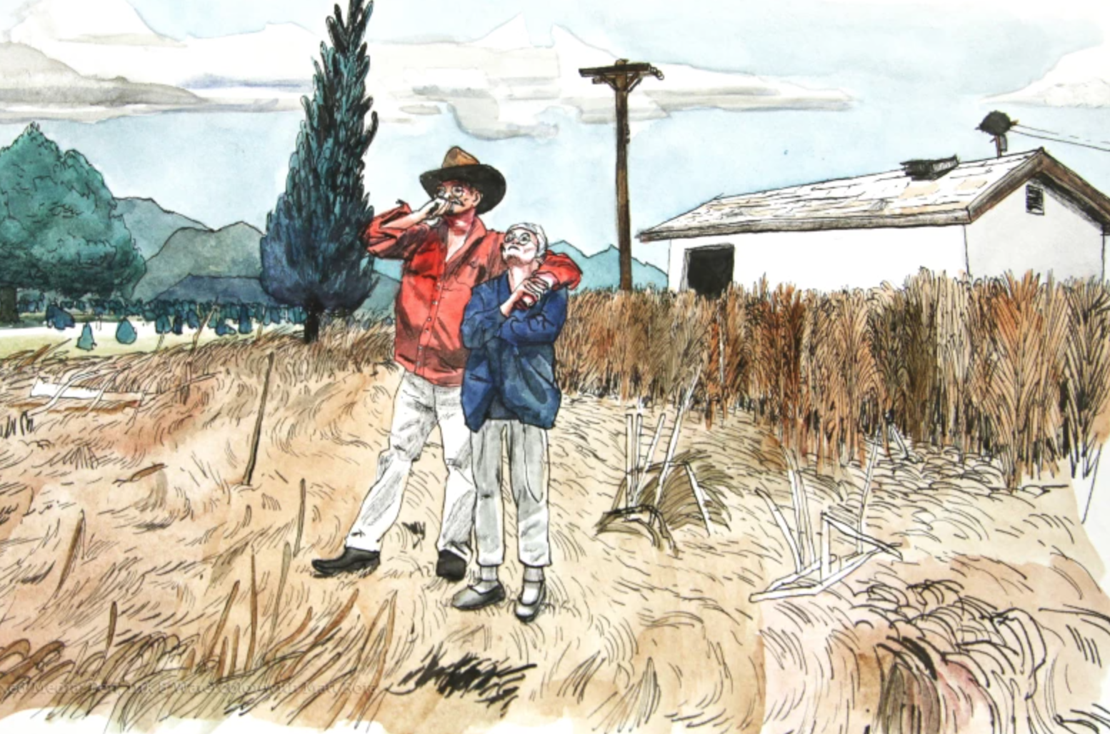 pen and ink farmers in a field