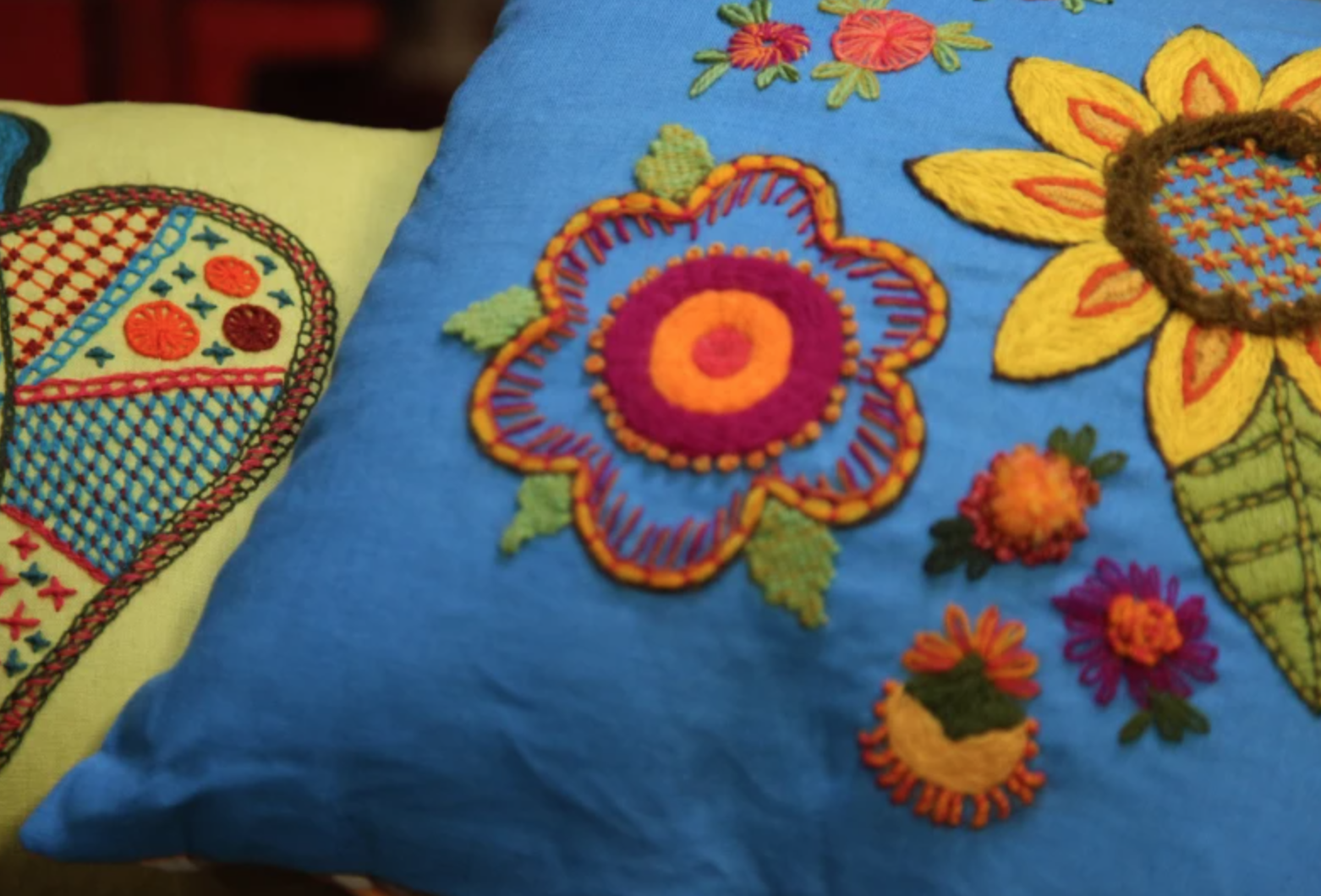 crewel embroidery on pillows