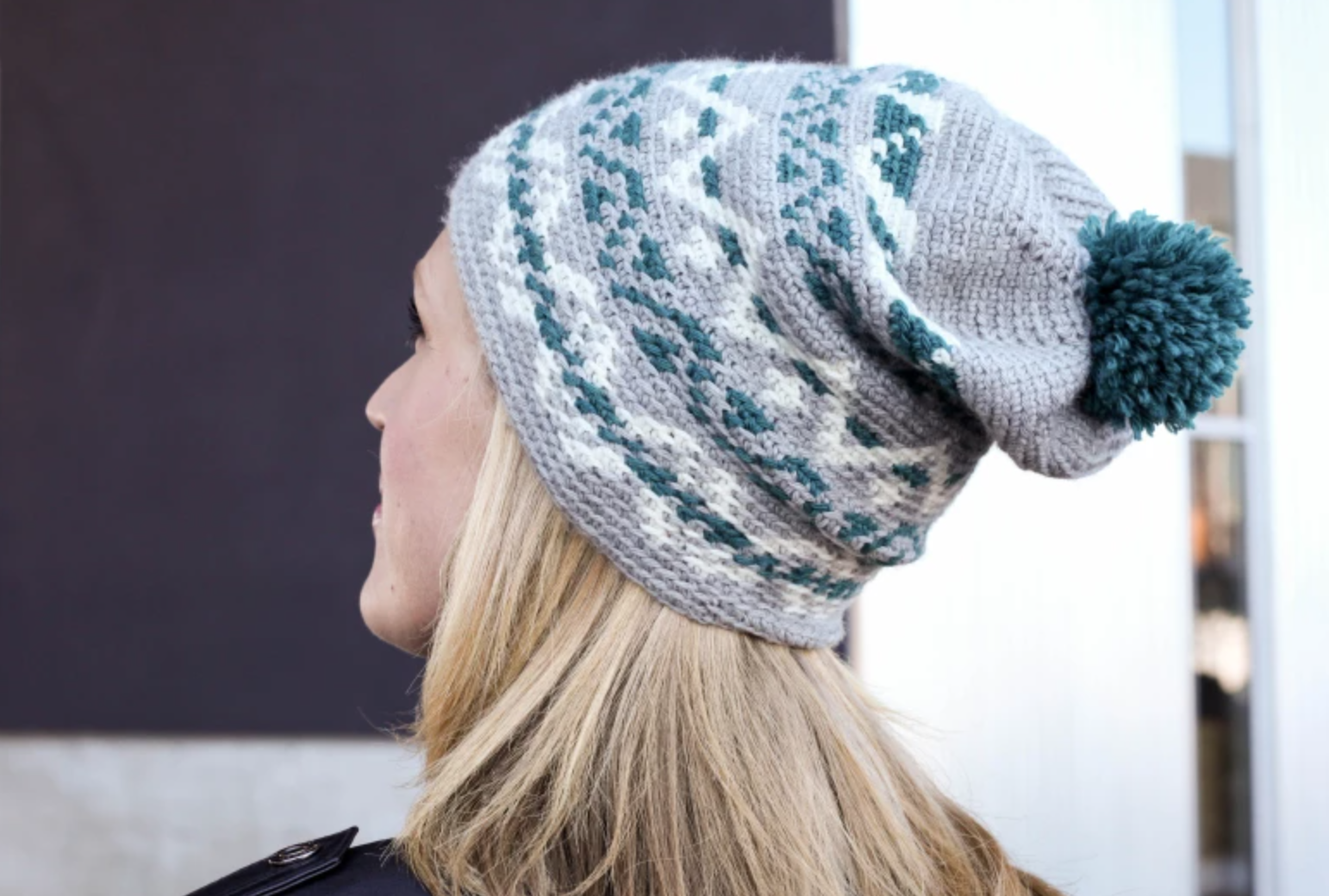teal and gray fair isle crochet hat