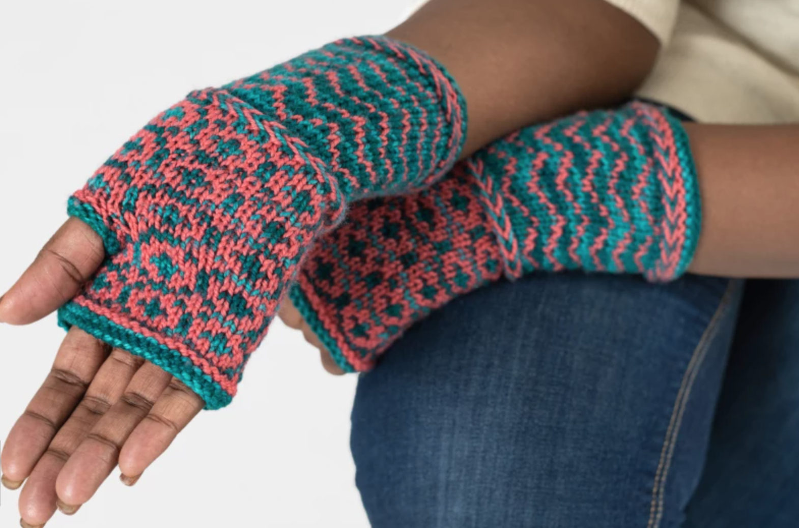 woman wearing fair isle mitts