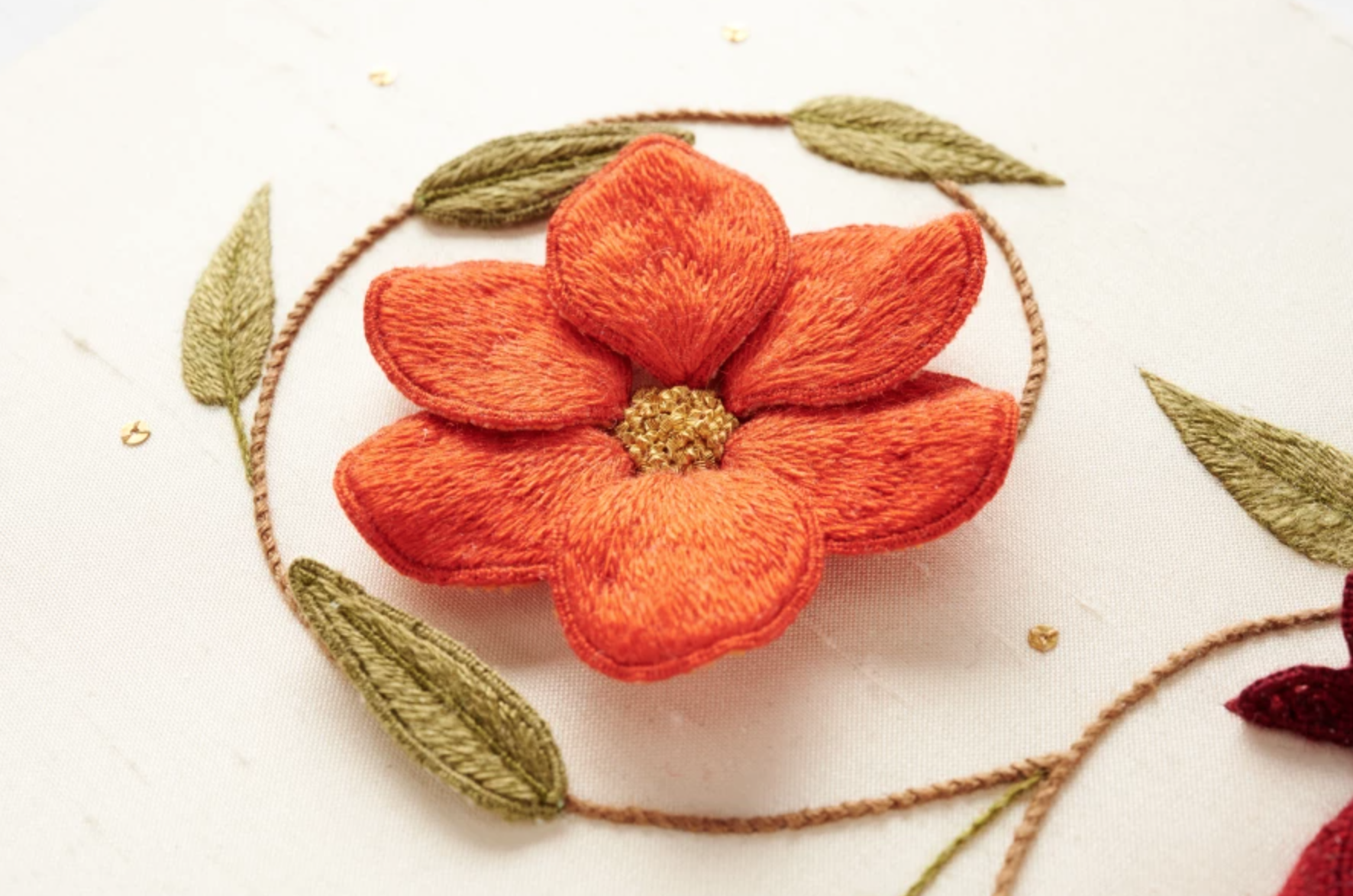 stumpwork embroidery orange flower