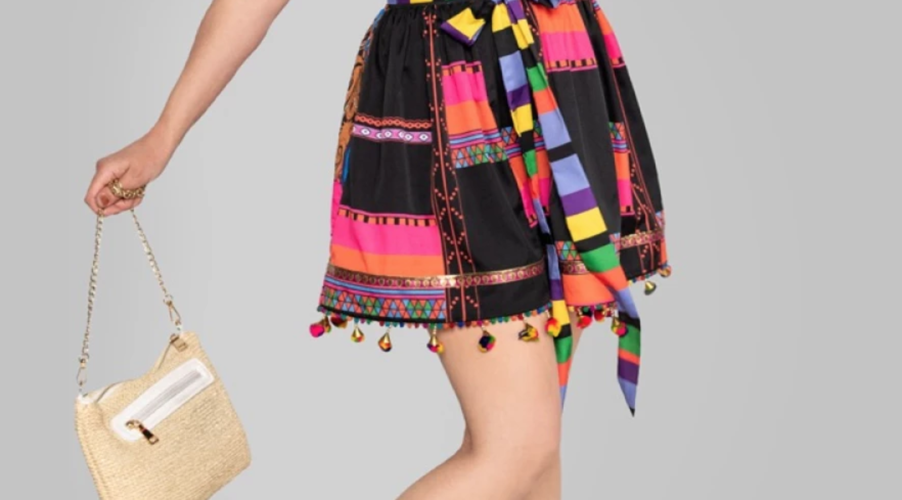 colorful mini skirt with pom pom tassels