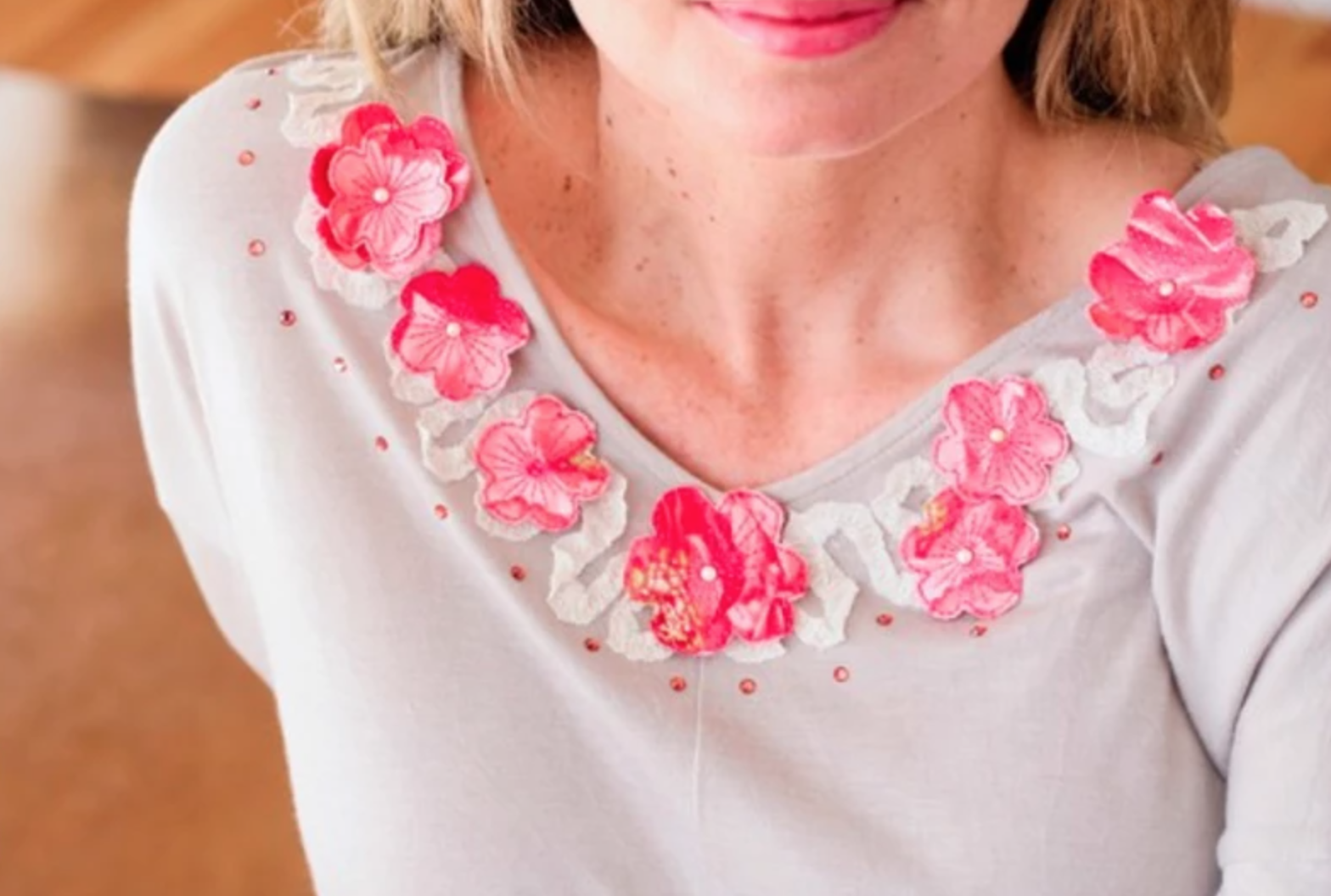 machine embroidered flower neckline