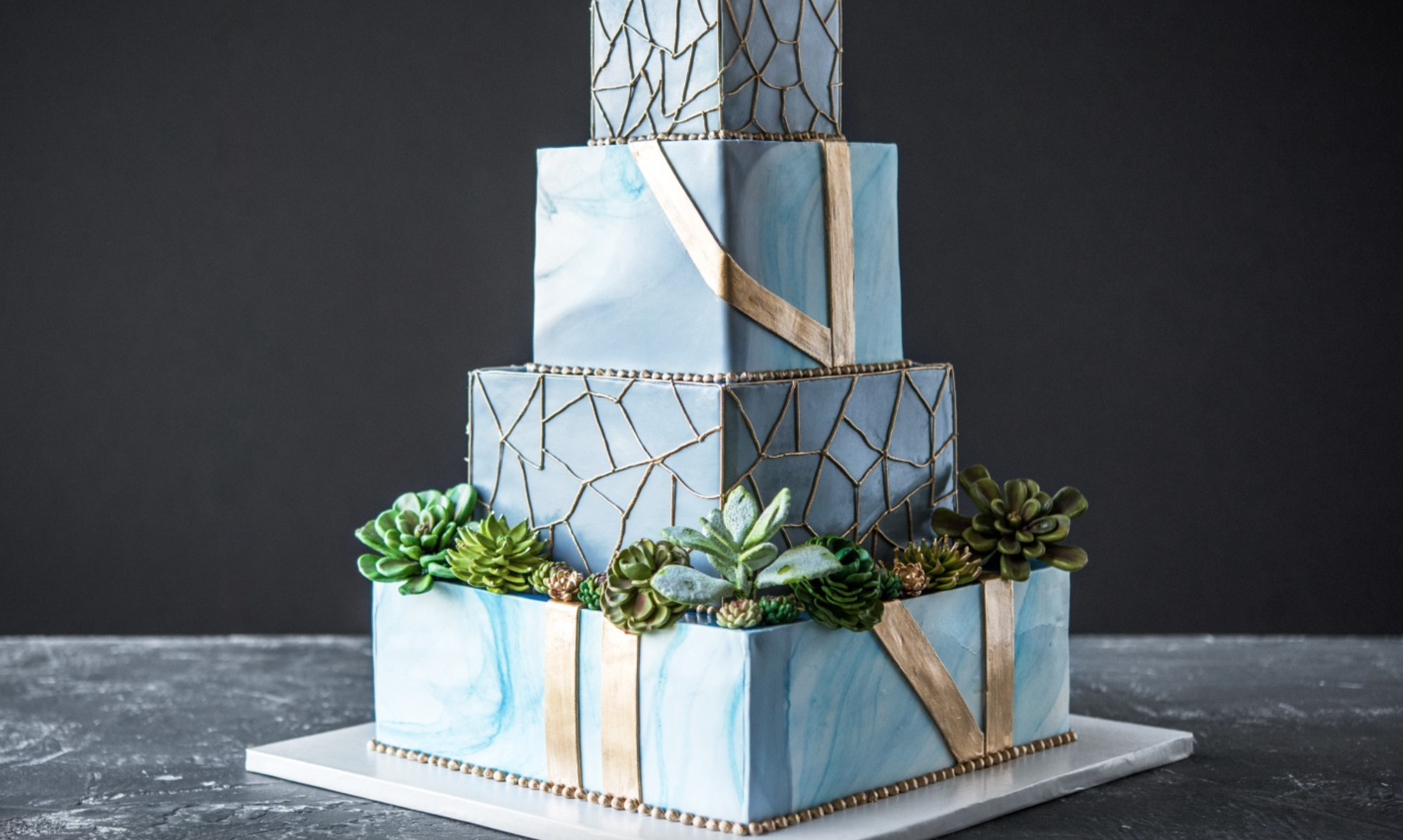 marbled blue succulent tiered cake