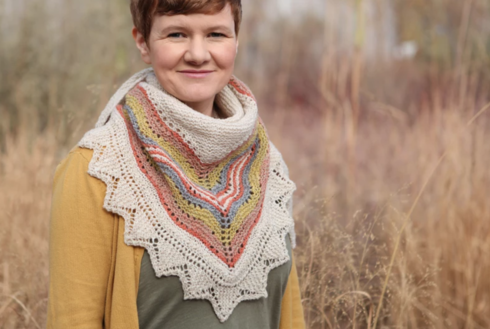 woman wearing Shetland hap shawl