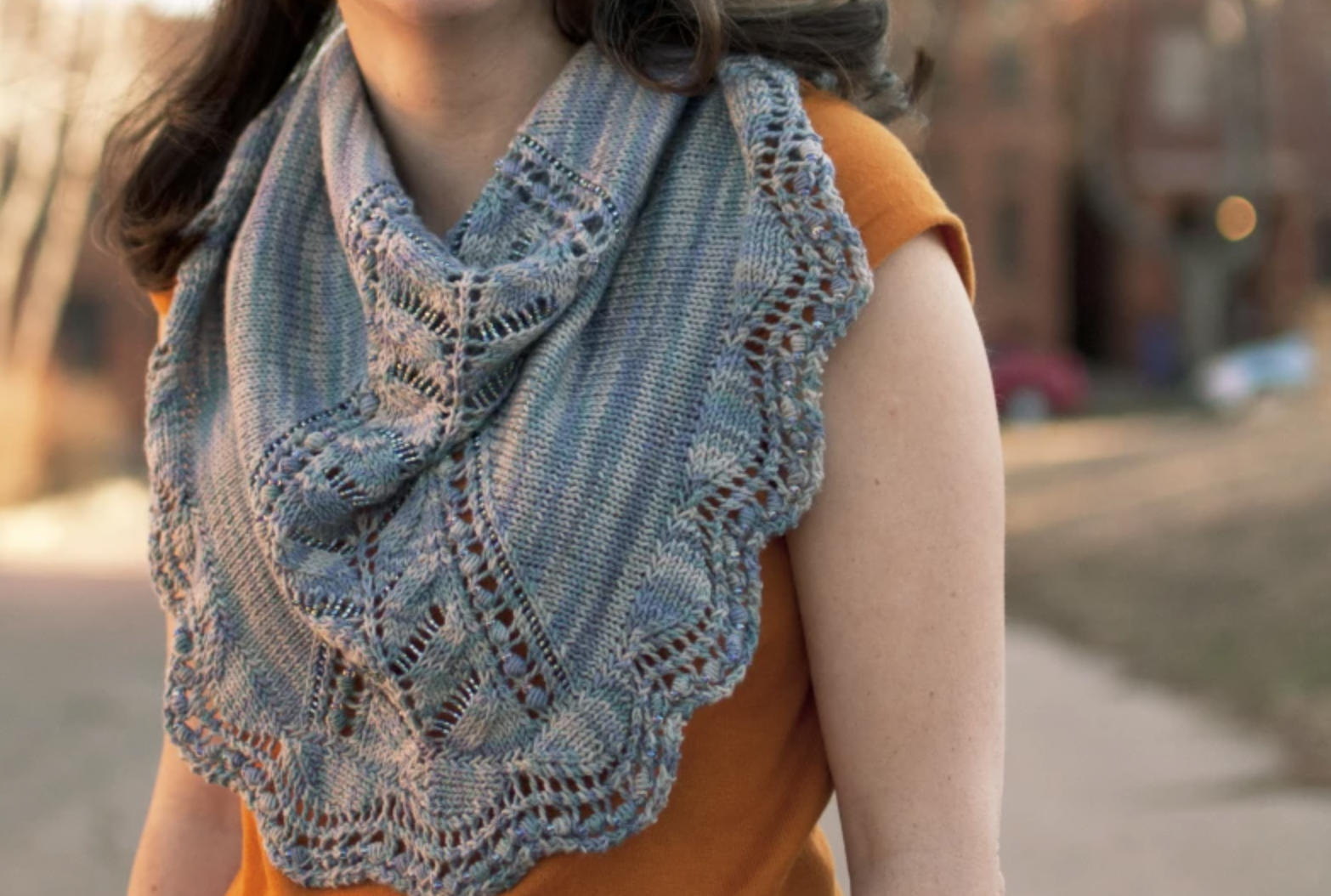 blue knit shawl with beads