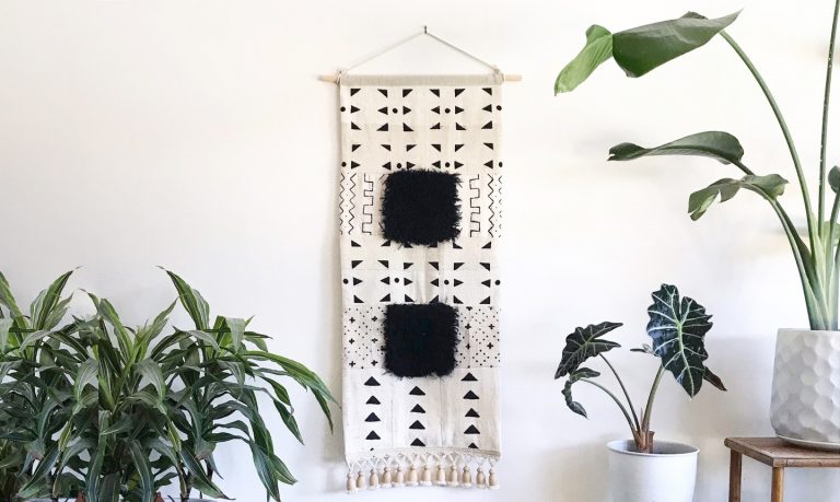 black and white mudcloth wall hanging