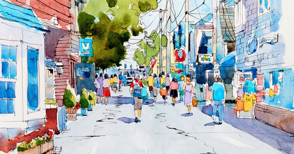 Watercolor painting of a street with people