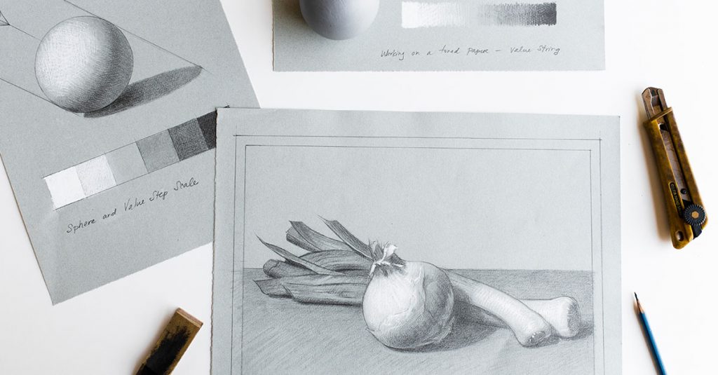 Black and white sketch of produce