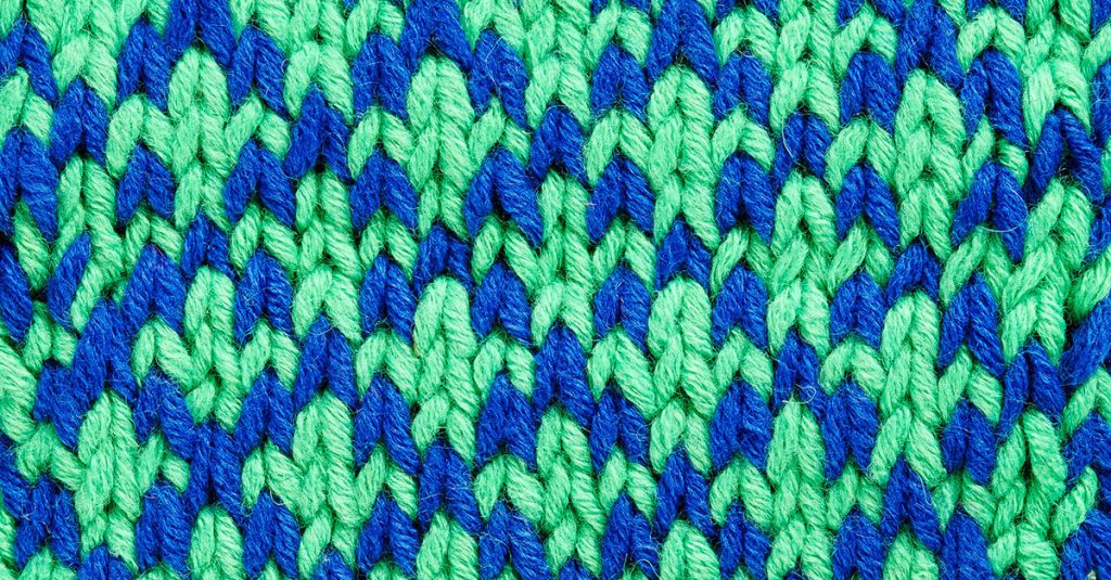 Green and blue brioche knitting