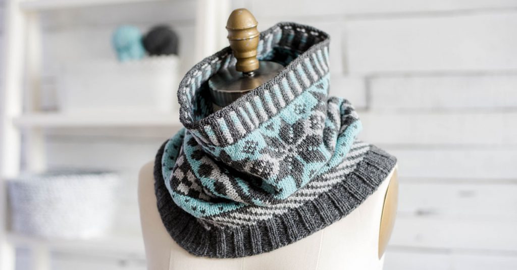 Cowl neck knit scarf with fair isle type pattern