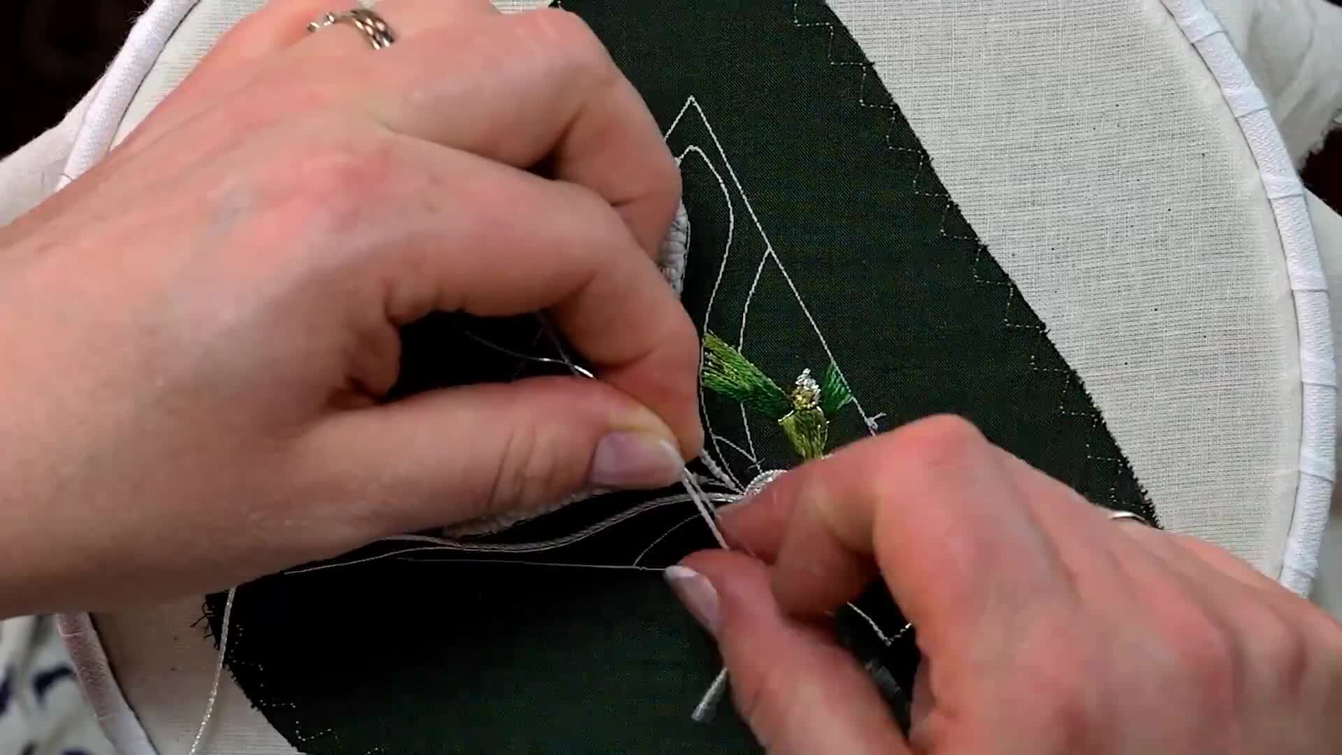 Couching the Outlines to the Mistletoe Leaves