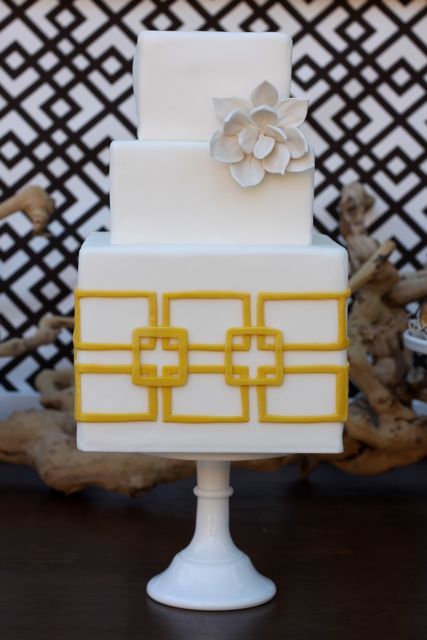 Square White Wedding Cake with White Succulent