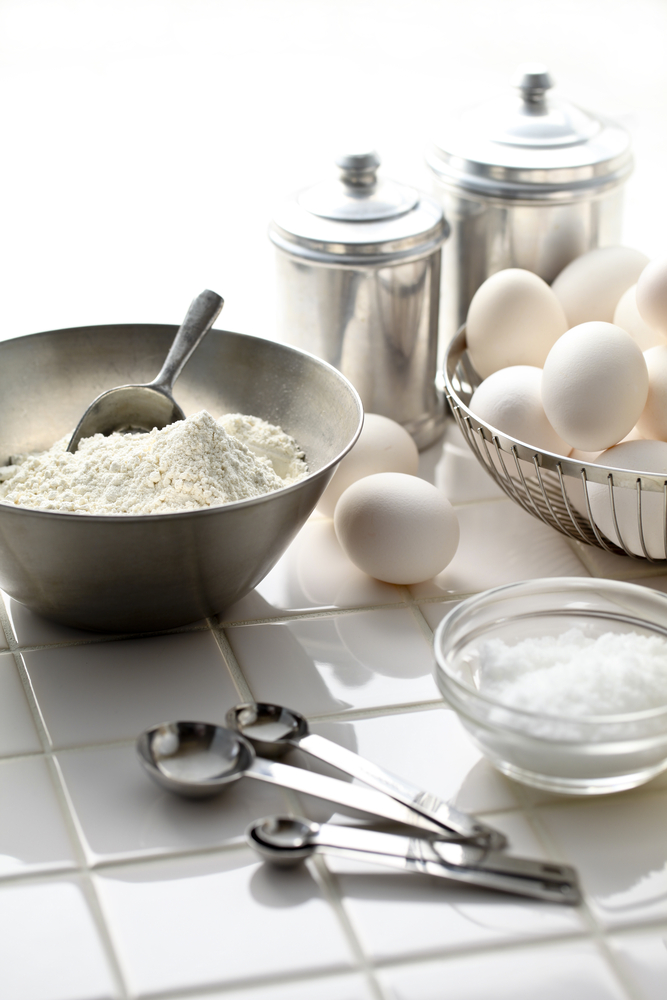 Flour in Silver Bowl, Eggs and Canisters