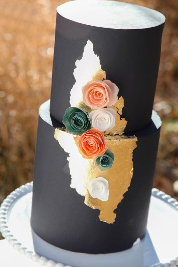 Tiered Black Cake with Wafer Paper Flower