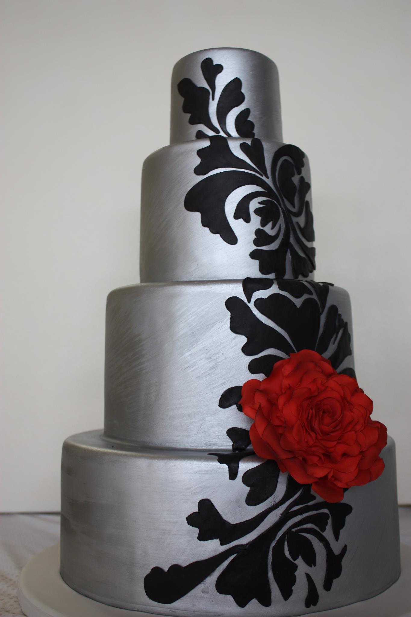 Silver Cake with Black Stenciling 