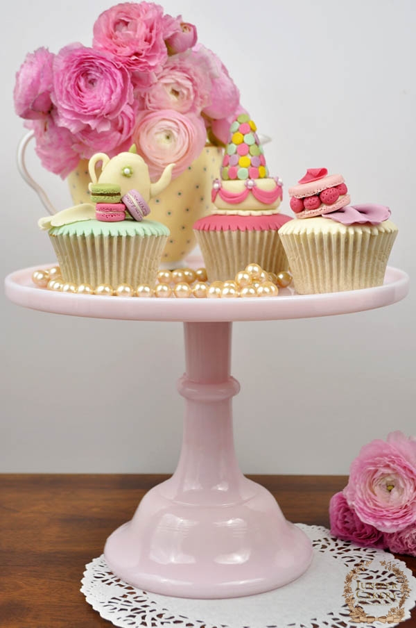 Tea Themed Cupcakes on a Cake Stand