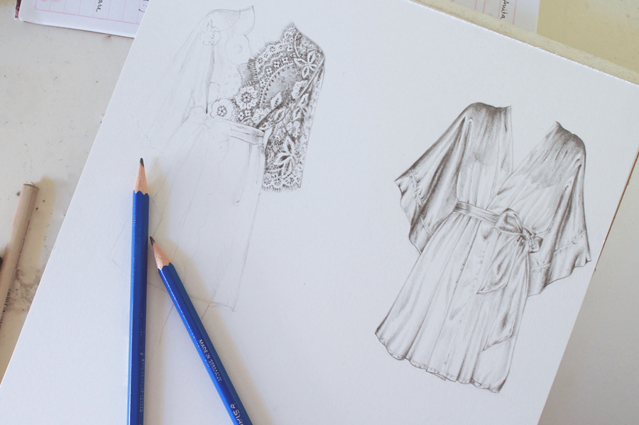 Pretty robe illustrations in progress using graphite pencil