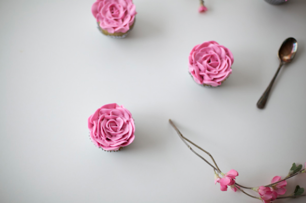 Three Cupcakes with Piped Buttercream Roses