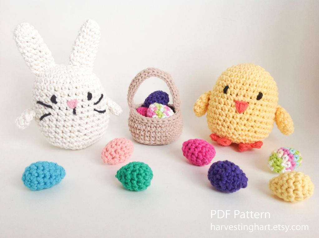 Crochet Easter bunny and chicken with eggs