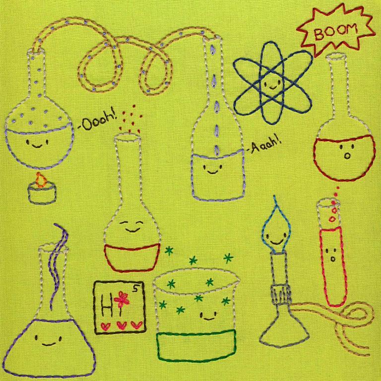 Hand embroidery motifs of lab instruments with happy faces