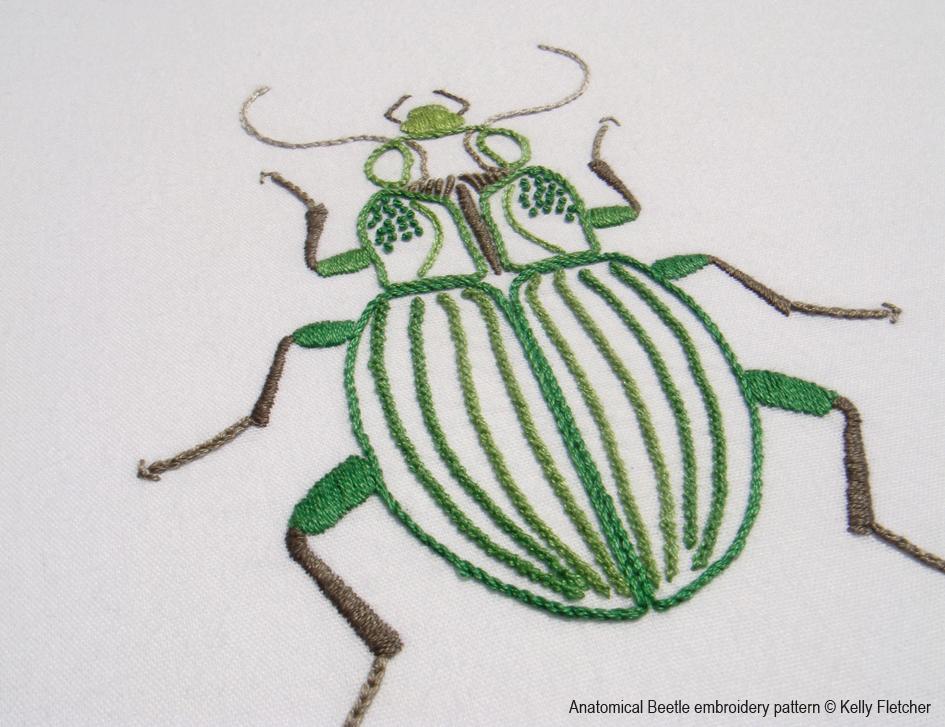 Embroidered outline of a green beetle