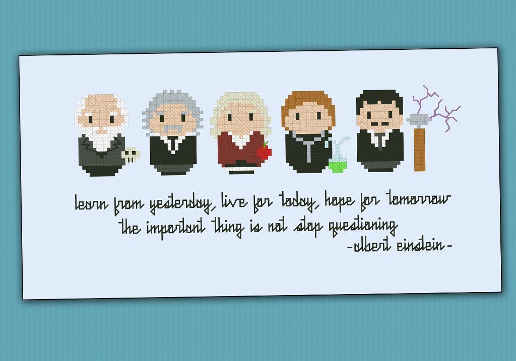 Cross-stitch pattern of famous scientists as cartoons