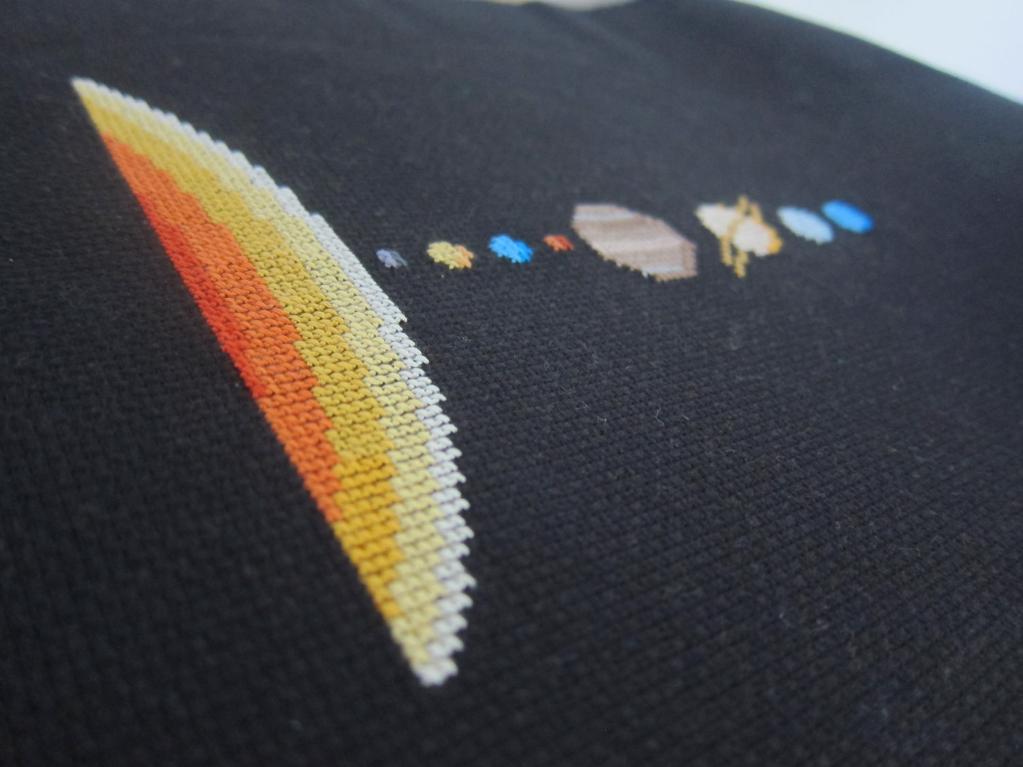 Cross-stitch of the solar system on black aida