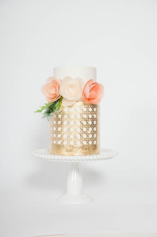 White & Gold Cake with Paper Flowers