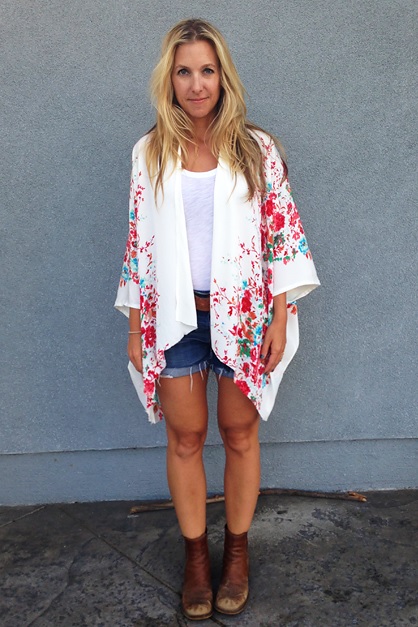 Woman Wearing a Kimono Cardigan and Jean Shorts