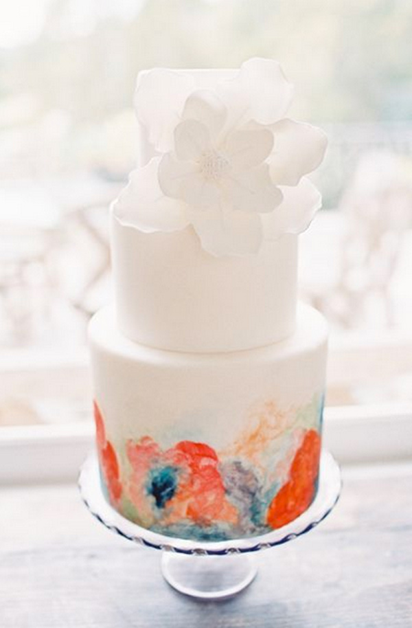 Tiered White, Painted Cake with White Flower