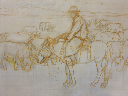 Initial brush drawing of a man on a horse