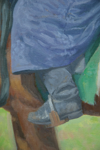 Close-up detail of oil painting of man on a horse in Mongolia 