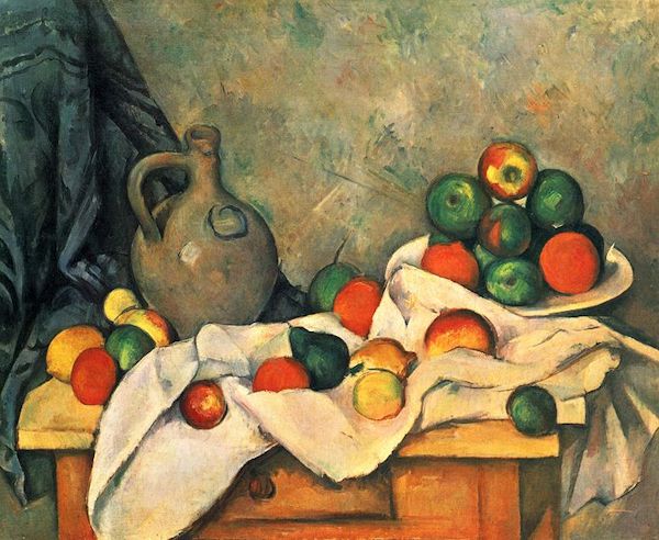 "Still life, drapery, jug and fruit bowl" by Cezanne