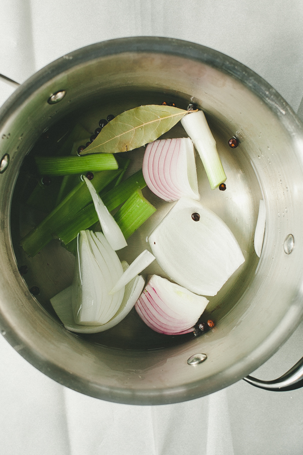 Water, Vegetables and Aromatics for Steaming. 