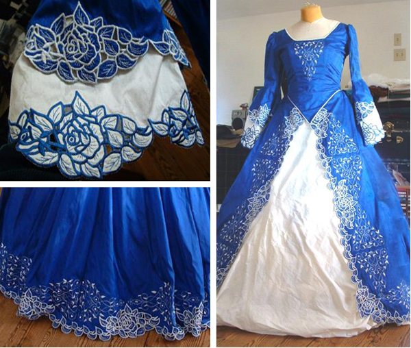 Elaborate bright blue and white cutwork wedding dress