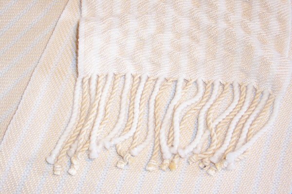 Two scarves showing the appearance before and after wet finishing and fulling