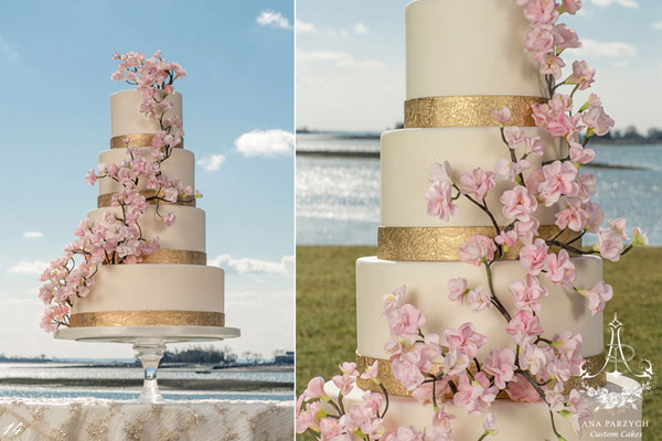 Cherry blossom and gold band wedding cake by Ana Parzych