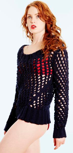 Woman Wearing a Black Mesh Sweater