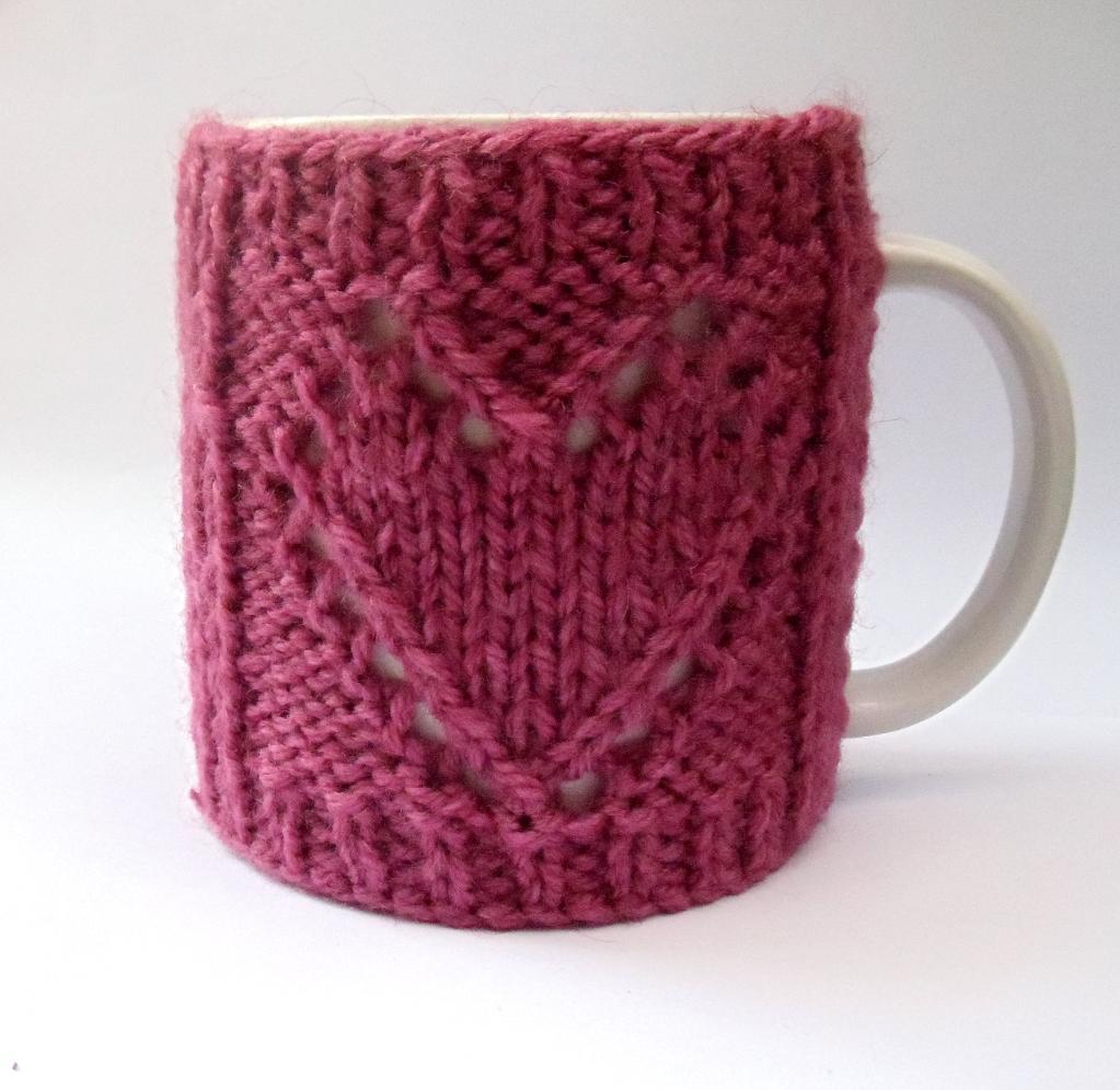 Knitted heart mug cozy