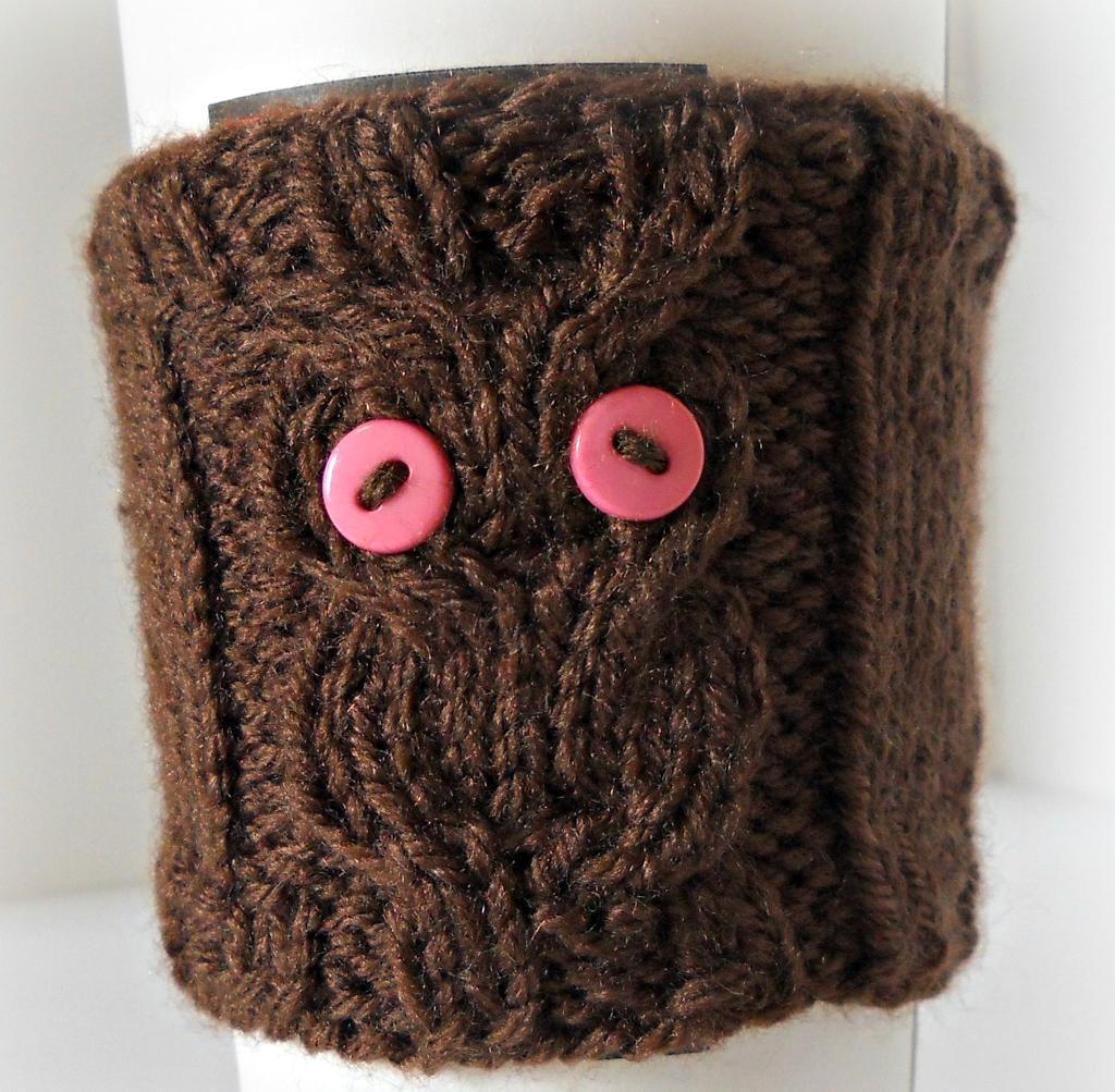 Knitted owl coffee cup cozy