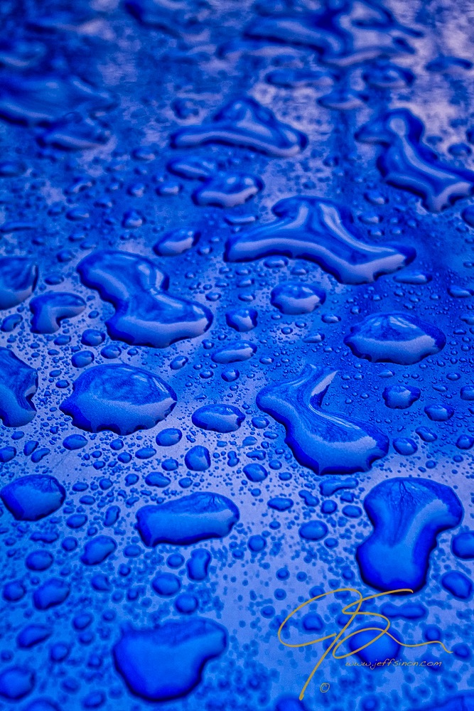 fresh rain on a blue car