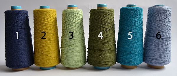 Six cones of yarn in a broader colour selection