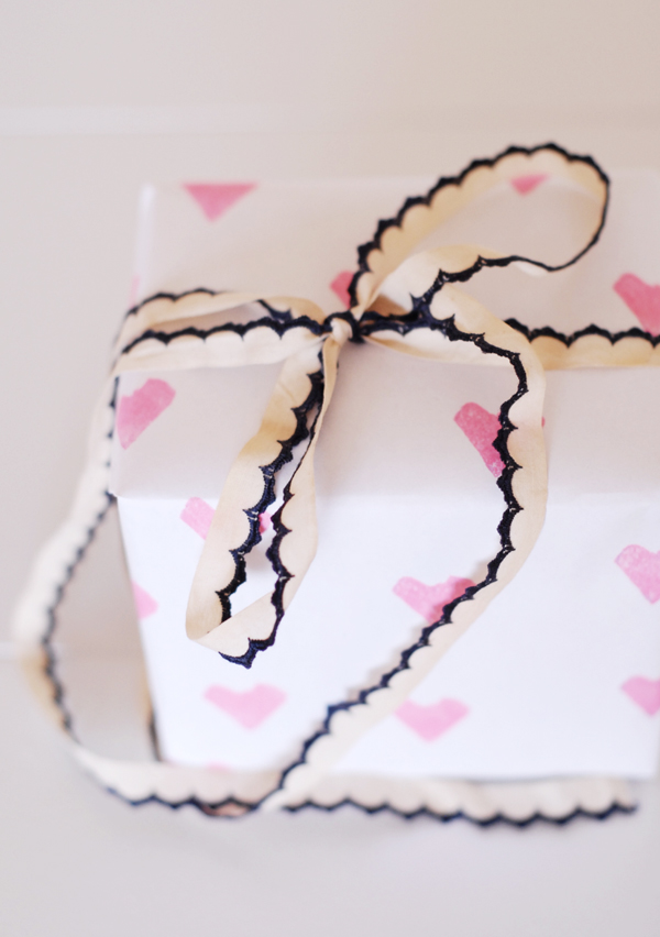 Handmade Gift Wrapping with Pink Heart Stamps