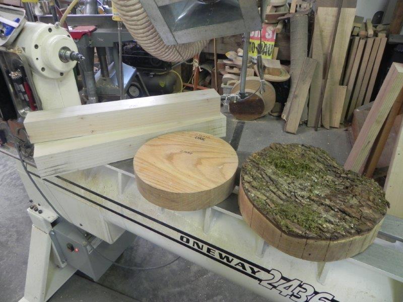 Milled spindle blanks, dried and milled bowl blank and a blank cut with a chainsaw