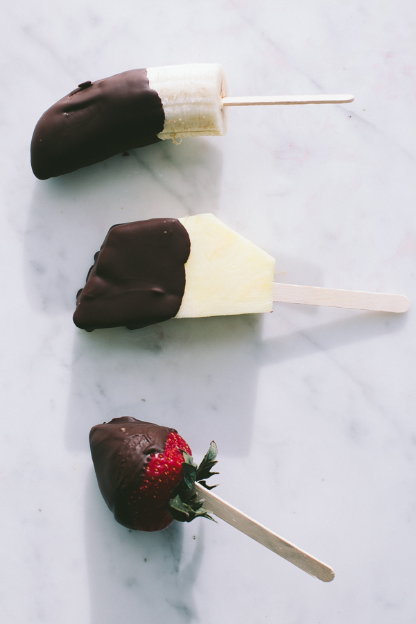 Frozen Banana, Pineapple & Strawberry Chocolate-Covered Fruit Pops