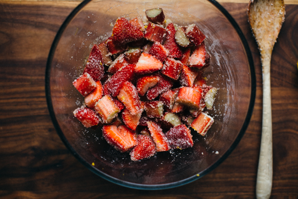 Sugar-coated strawberries and rhubarb