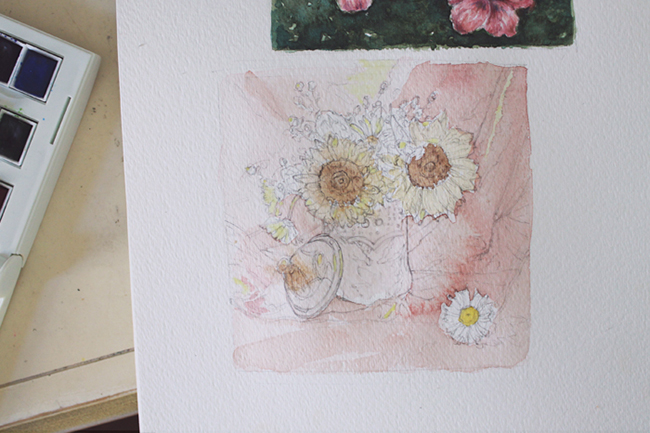 Sunflowers painting wip - initial watercolor layer